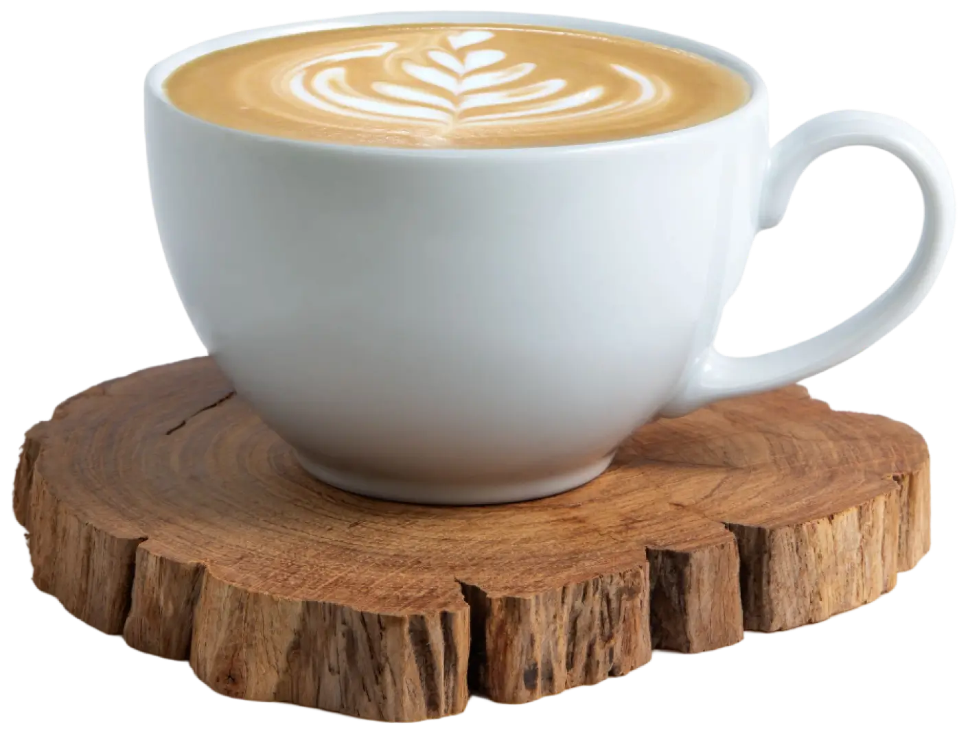 Latte art in white mug on wood.